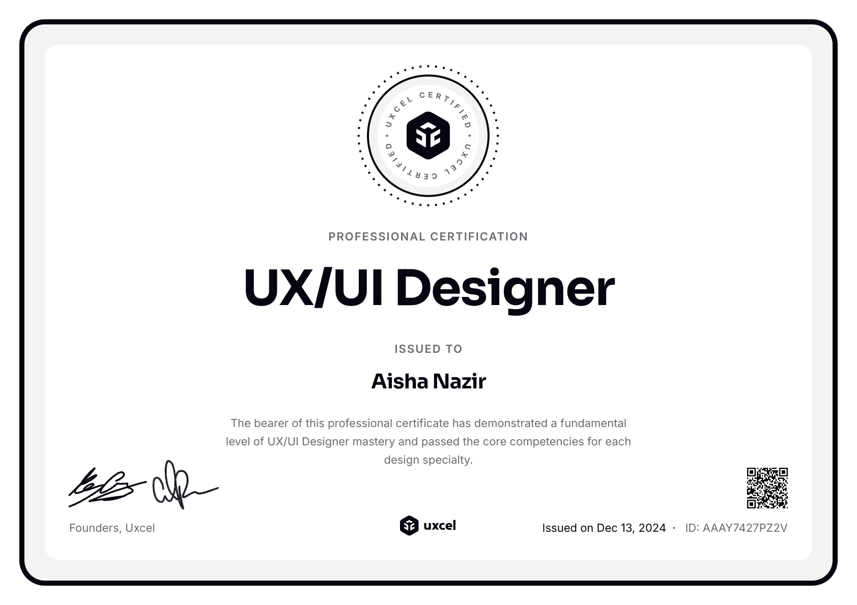 Aisha Nazir's certificate